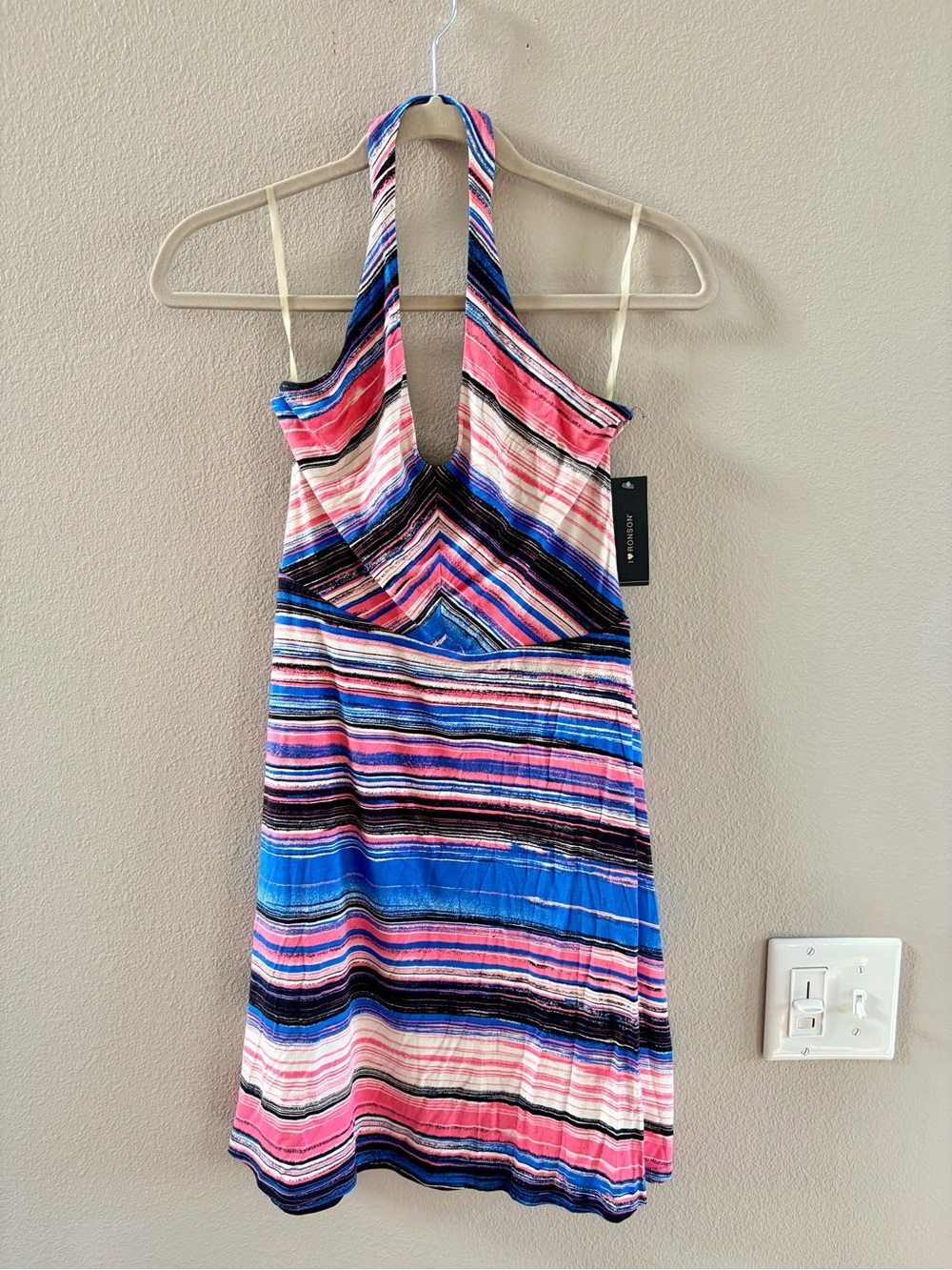 I Heart Ronson Striped Halter Dress Small in Pink, Blue & Black NWT